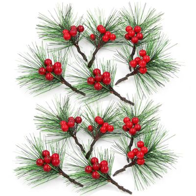 FQQWEE 24Pcs Artificial Red Holly Berry Picks 2.3inch Faux Mini Snowy Pine Picks with Berries Artificial Christmas Berries Twig Stems for Xmas Party Flower Wreath Holiday Decorations