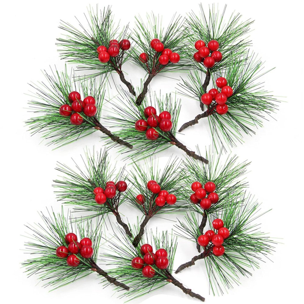 FQQWEE 24Pcs Artificial Red Holly Berry Picks 2.3inch Faux Mini Snowy Pine Picks with Berries Artificial Christmas Berries Twig Stems for Xmas Party Flower Wreath Holiday Decorations