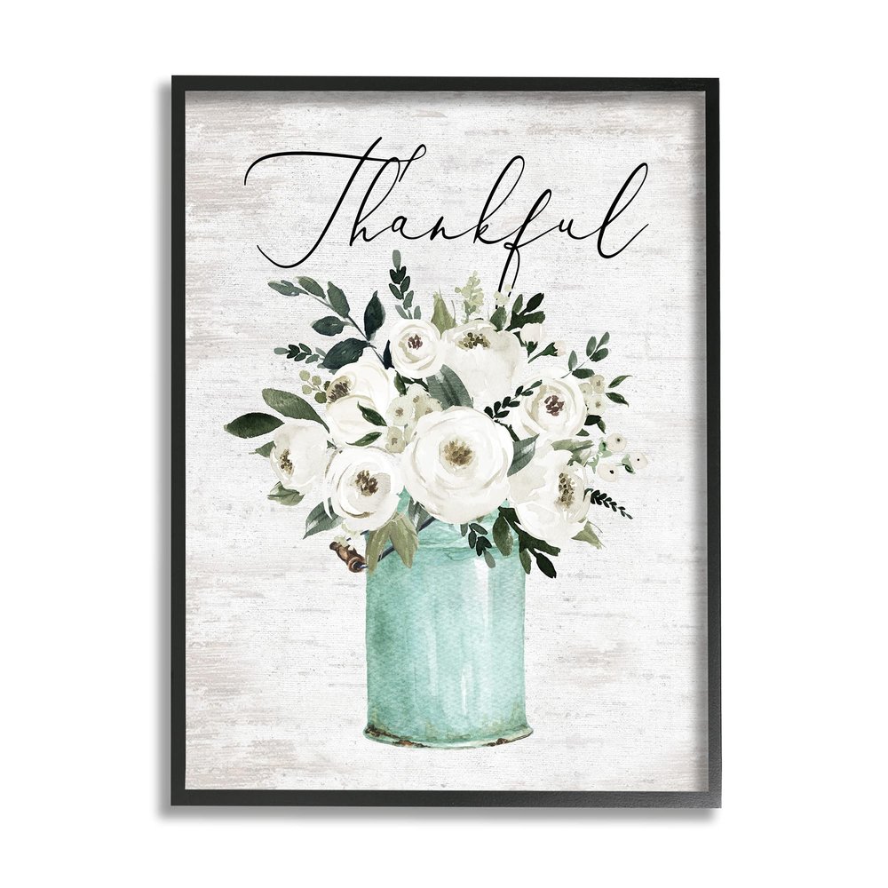 Stupell Industries Thankful Phrase White Ranunculus Floral Bouquet Milk Tin