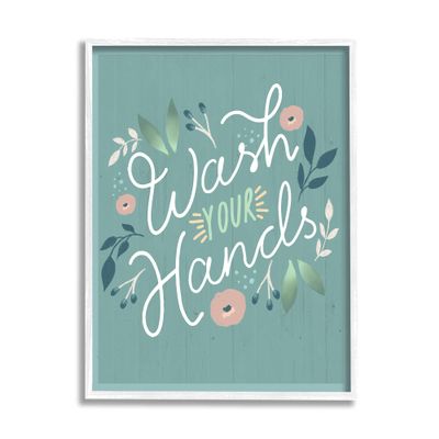 Stupell Industries Wash Your Hands Pink Florals Green Farmhouse Pattern