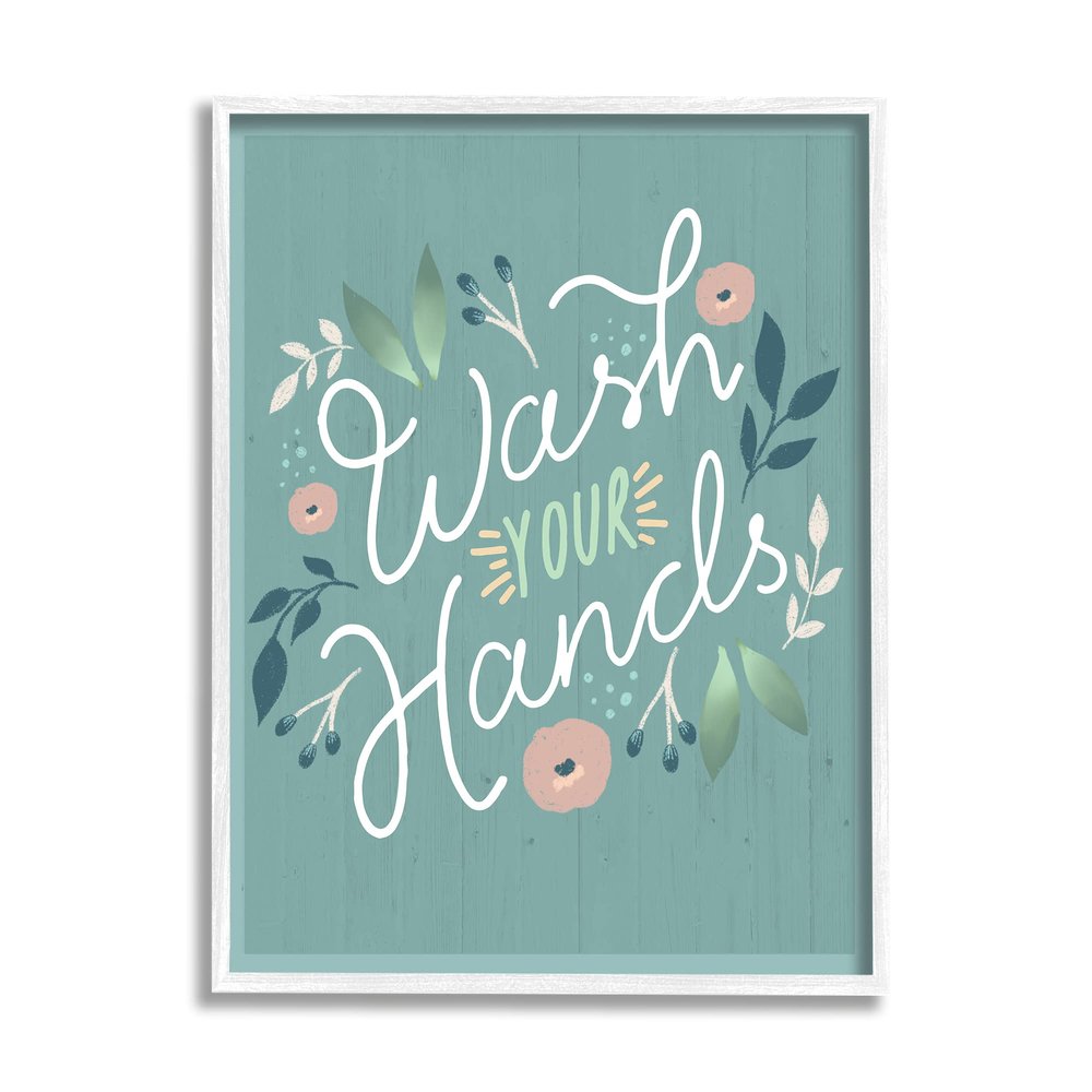 Stupell Industries Wash Your Hands Pink Florals Green Farmhouse Pattern
