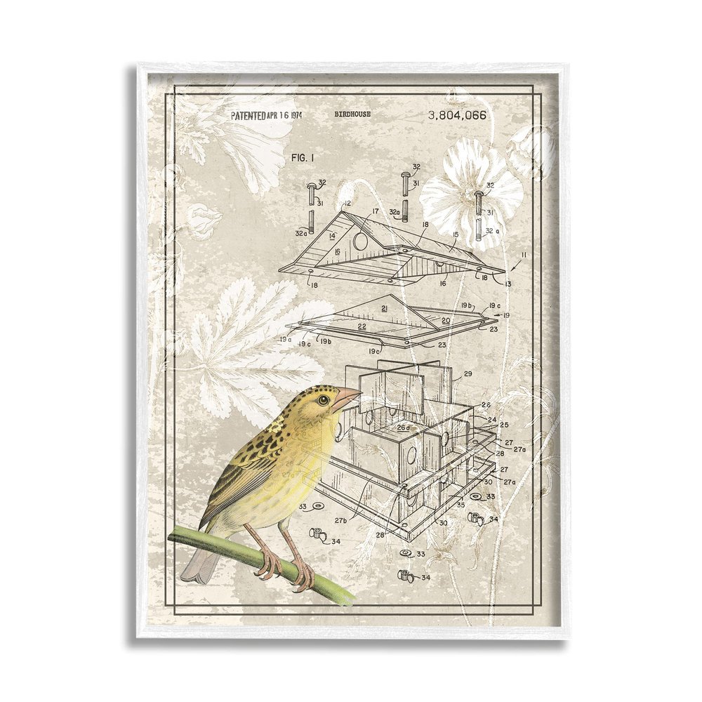 Stupell Industries Bird House Vintage Patent Forest Pattern Yellow Canary