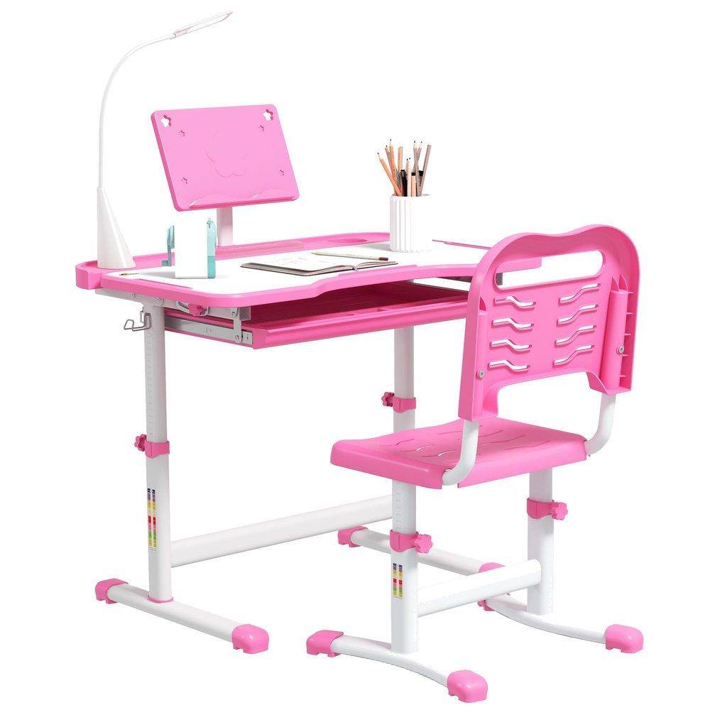 Qaba Kids Desk and Chair Set, Height Adjustable School Desk Chair Set with Tilt Desktop, USB Light, Storage Drawer for Study, Activities, Arts, or Crafts, Pink and White