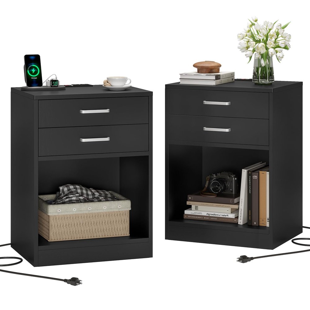 ADORNEVE Night Stand Set 2,Black Nightstand with Charging Station & Drawers,Night Stands for Bedrooms Set of 2,Bedside Table with Drawers