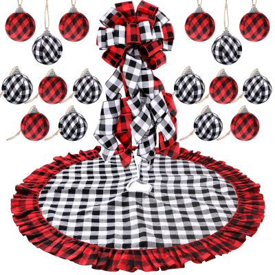 Christmas Decorations Buffalo Plaid Christmas Tree Topper Wreath Bow Christmas Tree Skirt 16 Pieces Buffalo Plaid Ball Ornaments Hanging for Christmas Tree Decoration Supplies (Red Black White)