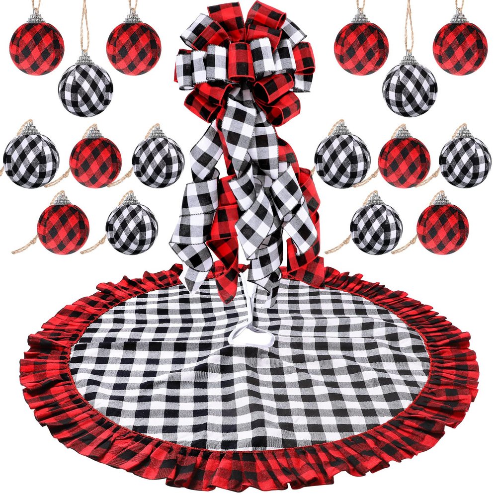 Christmas Decorations Buffalo Plaid Christmas Tree Topper Wreath Bow Christmas Tree Skirt 16 Pieces Buffalo Plaid Ball Ornaments Hanging for Christmas Tree Decoration Supplies (Red Black White)