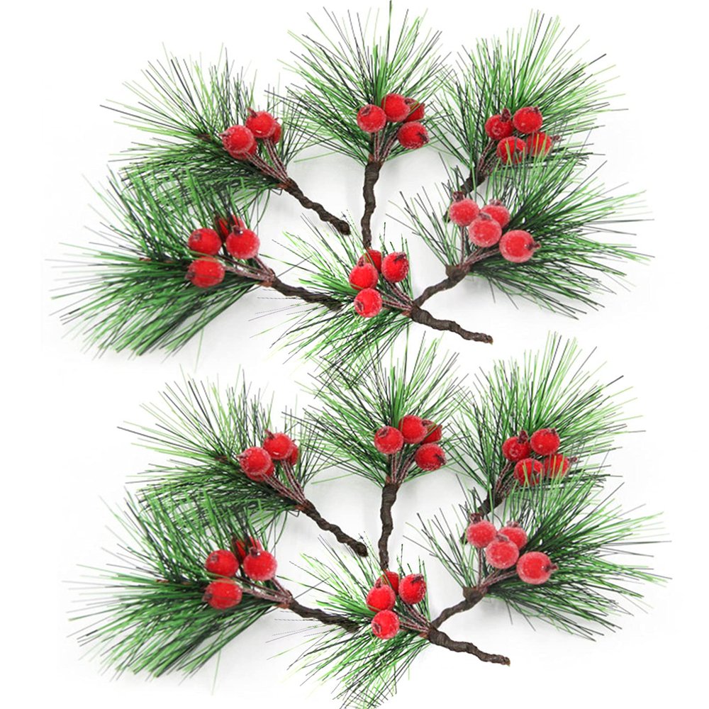 AIGTENG 24Pcs Artificial Christmas Mini Pine Picks, Simulation Christmas Wreath Picks with Fake Red Berries, Faux Holly Berry Branch for Christmas Flower Arrangements Wreaths and Holiday Decorations