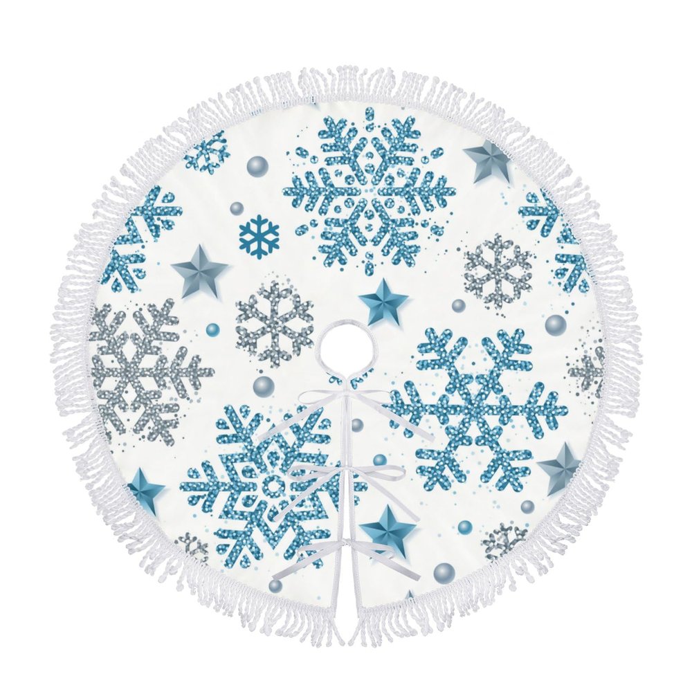 BVOGOS 30 inch Small Christmas Tree Skirts Silver Blue Snowflake Christmas Decorations Tree Mat Holiday Party Home Decoration with Tassel