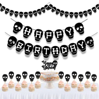 Black Skull Theme Cake Topper Party Decoration, Gothic Style Cake Decor for Birthday Celebration, Premium Cardstock Skull Cake Topper for Dessert Table and Themed Party Display