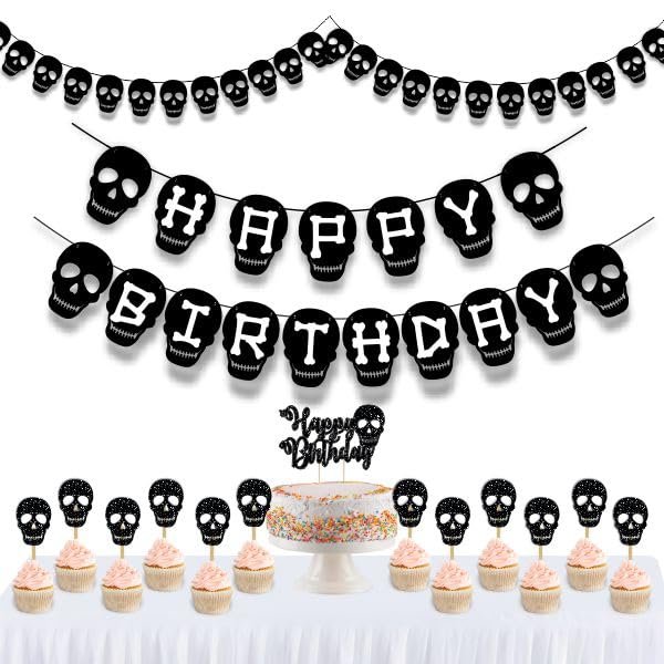 Black Skull Theme Cake Topper Party Decoration, Gothic Style Cake Decor for Birthday Celebration, Premium Cardstock Skull Cake Topper for Dessert Table and Themed Party Display