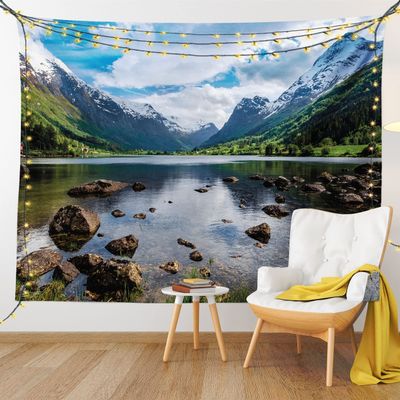 Ambesonne Nature Tapestry, Mountains River and Open Sky Natural Beauties Norway Fjords Nordic Landscape, Fabric Wall Hanging Decor for Bedroom Living Room Dorm, 45" X 30", White Green Brown