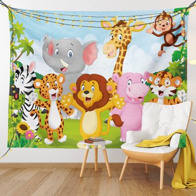 Ambesonne Cartoon Tapestry, Comic Savannah Animals Playful Friendly Savannah Jungle Happy Wildlife Nature, Fabric Wall Hanging Decor for Bedroom Living Room Dorm, 45" X 30", Green Brown