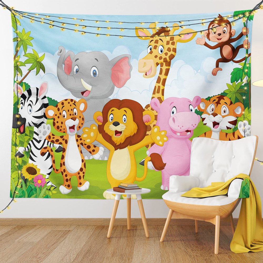 Ambesonne Cartoon Tapestry, Comic Savannah Animals Playful Friendly Savannah Jungle Happy Wildlife Nature, Fabric Wall Hanging Decor for Bedroom Living Room Dorm, 45" X 30", Green Brown