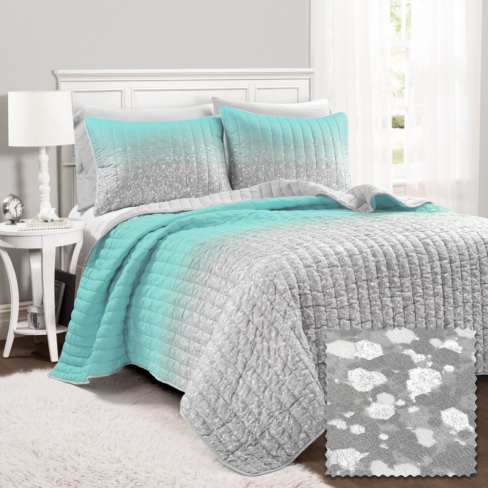 Lush Decor Glitter Ombre Metallic Print 3 Piece Quilt Set, Full/Queen, Aqua & Gray