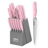 hecef Kitchen Knife Block Set, 14 Pieces Knife Set with Wooden Block & Sharpener Steel & All-purpose Scissors, High Carbon Stainless Steel Cutlery Set (Pink) view 1