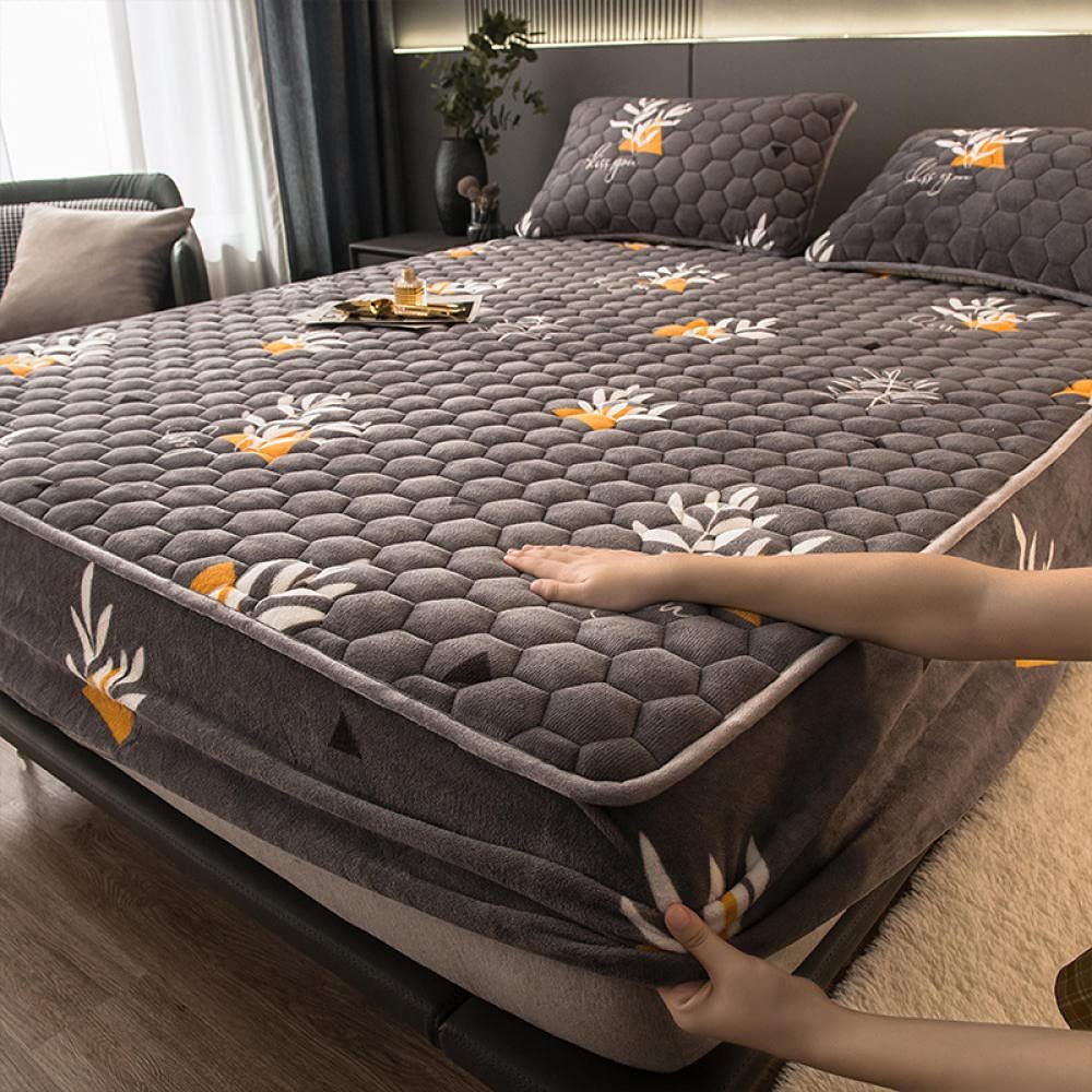 CFYCYHDZHT Bottom Sheets,Thickened Warm Coral Velvet Box Spring Bed Mattress Protector, Non Slip Printing Mattress Top Hat for Boys Girls Bedroom Dark Grey 1 150200cm (3pcs)