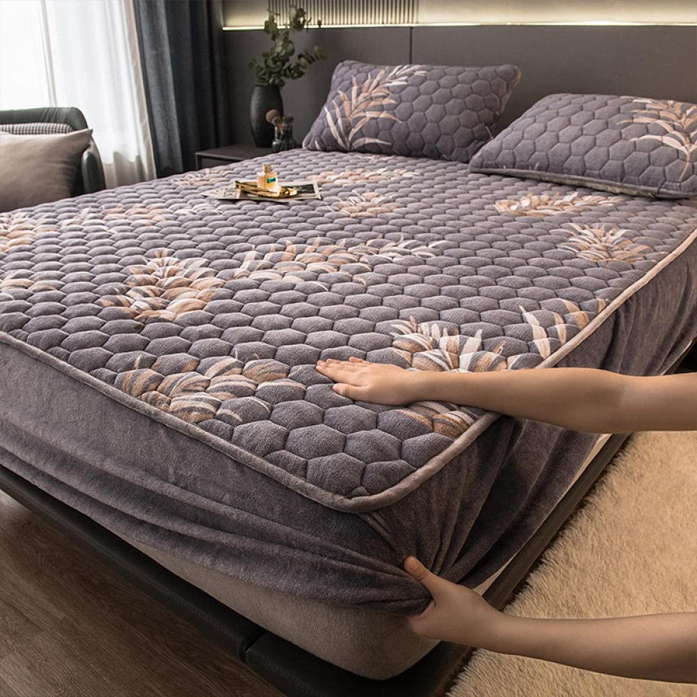 CFYCYHDZHT Comfy Sheets,Thickened Warm Coral Velvet Box Spring Bed Mattress Protector, Non Slip Printing Mattress Top Hat for Boys Girls Bedroom Leaves 150200cm (3pcs)