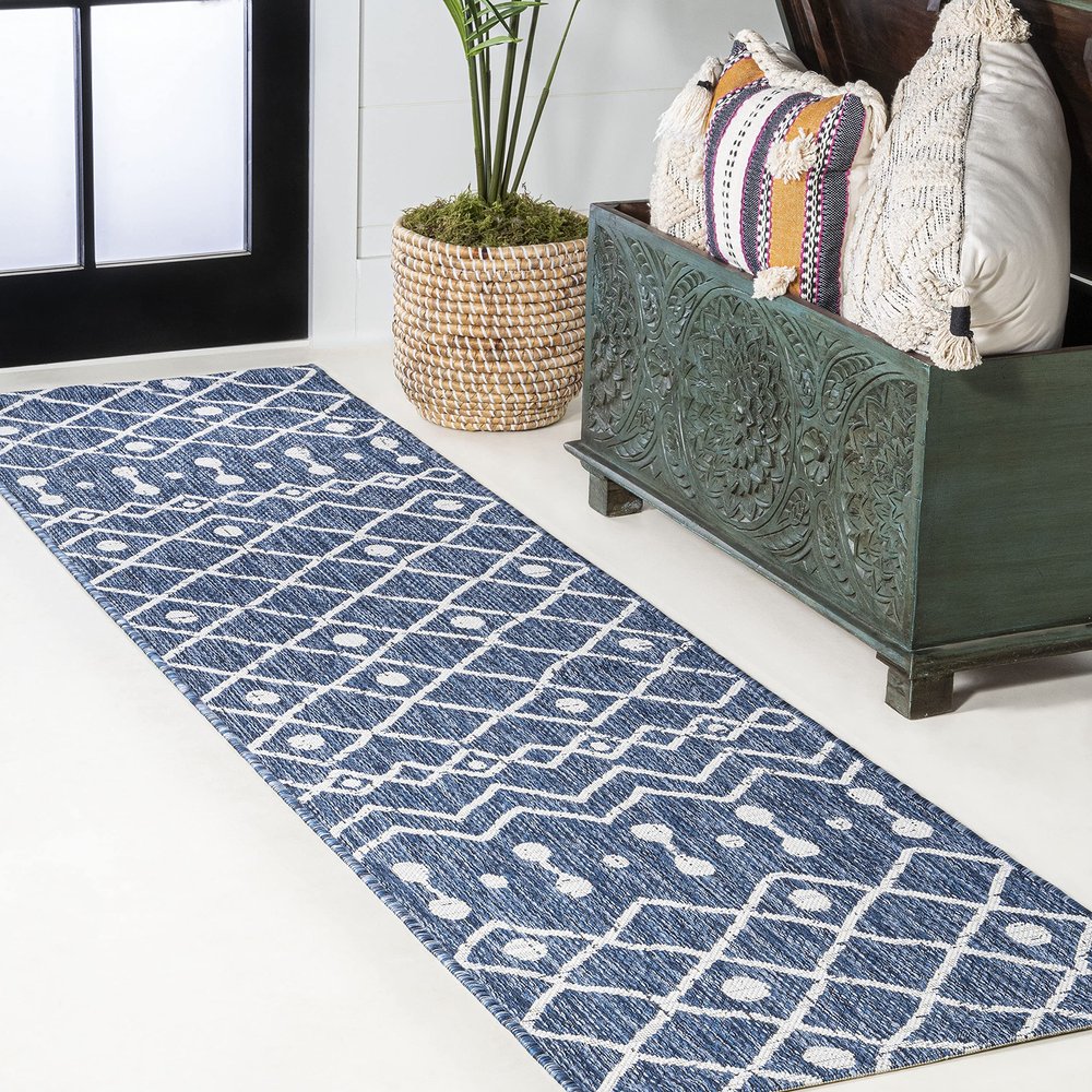 JONATHAN Y Tribal Bohemian Indoor Outdoor Runner Rug 2X10 Blue/Ivory, Nokat for Backyard, Patio, Porch, Easy-Cleaning, High Traffic, Pet-Friendly, Non-Shedding (SMB131C-210)