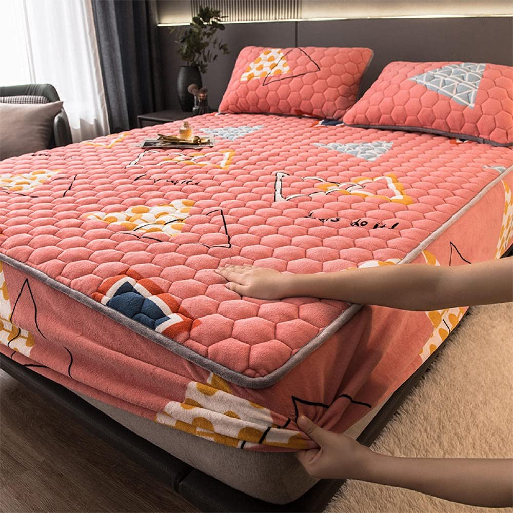 CFYCYHDZHT Bedding Deep Pocket Fitted Sheet,Thickened Warm Coral Velvet Box Spring Bed Mattress Protector, Non Slip Printing Mattress Top Hat for Boys Girls Bedroom Pink 1 150200cm (3pcs)