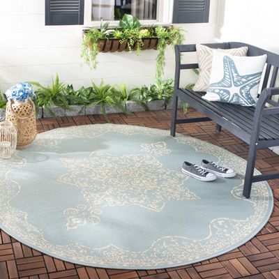 SAFAVIEH Washable Rug Outdoor Beach House Collection - 4' Round, Cream & Aqua, Non-Shedding & Easy to Clean, Ideal for Patio, Backyard, Mudroom (BHS180L)
