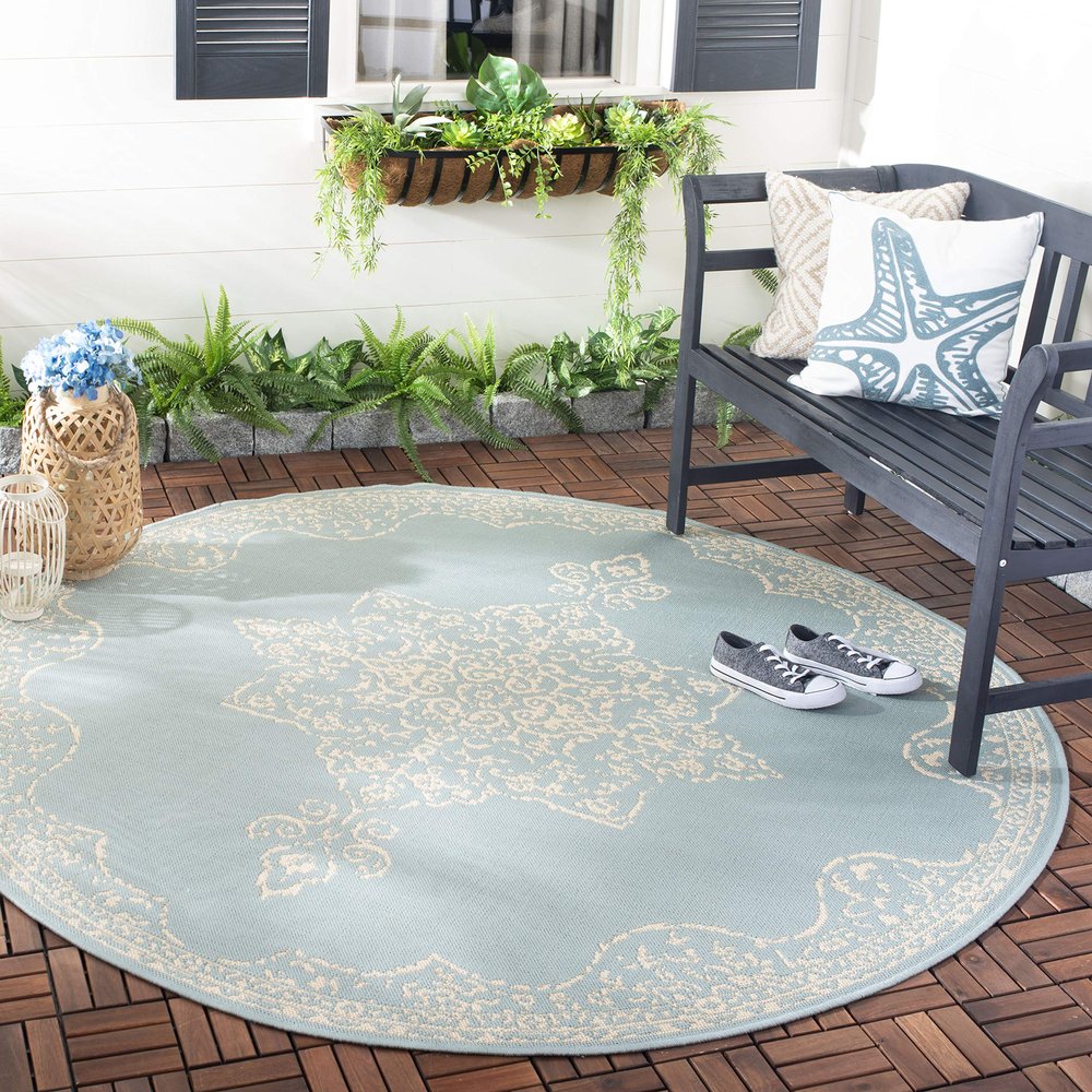 SAFAVIEH Washable Rug Outdoor Beach House Collection - 4' Round, Cream & Aqua, Non-Shedding & Easy to Clean, Ideal for Patio, Backyard, Mudroom (BHS180L)