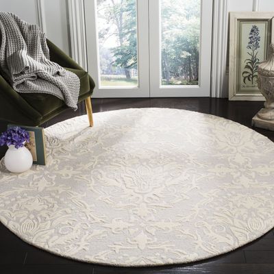 SAFAVIEH Blossom Collection Area Rug - 4' Round, Light Grey & Ivory, Handmade Wool, Ideal for High Traffic Areas in Living Room, Bedroom (BLM107A)