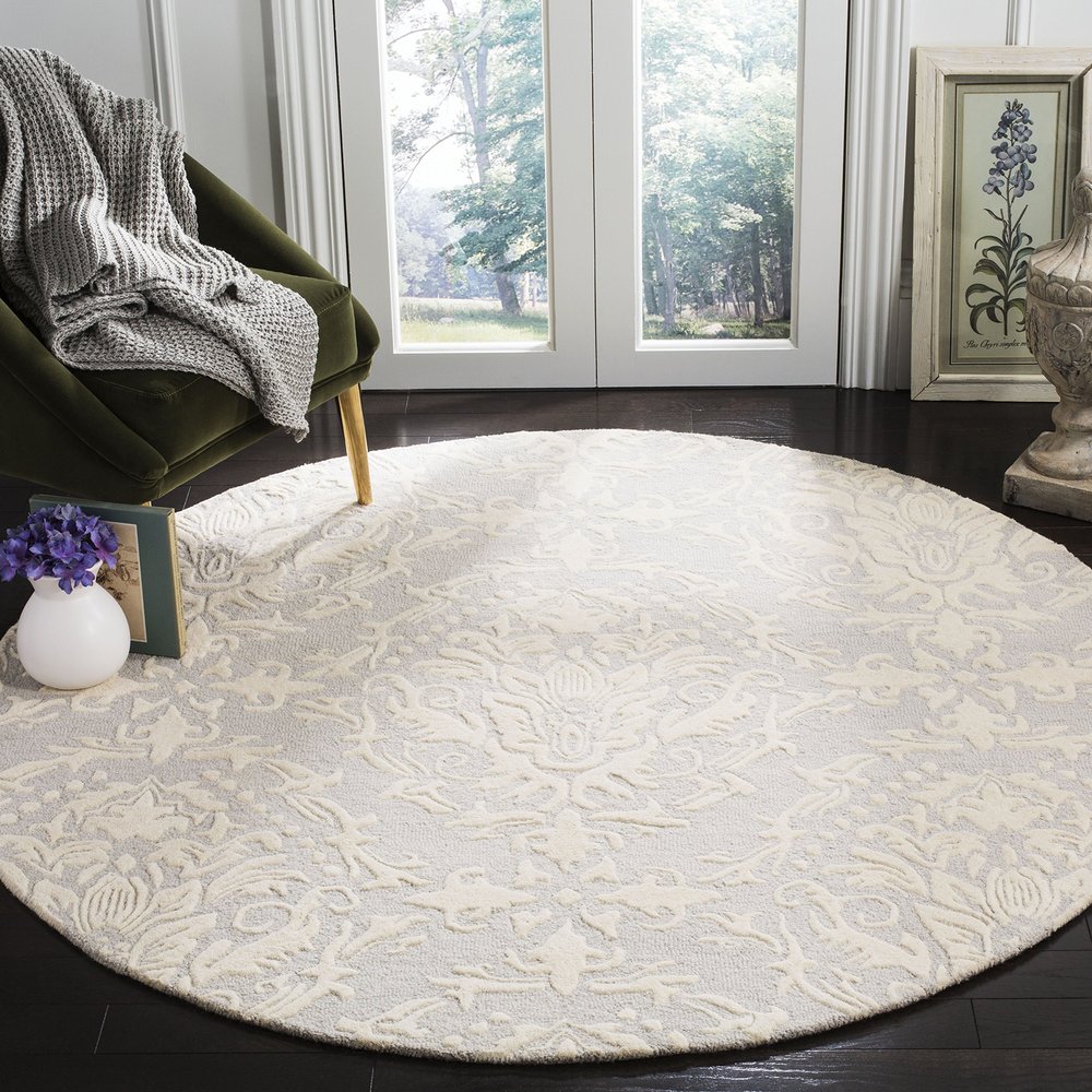 SAFAVIEH Blossom Collection Area Rug - 4' Round, Light Grey & Ivory, Handmade Wool, Ideal for High Traffic Areas in Living Room, Bedroom (BLM107A)