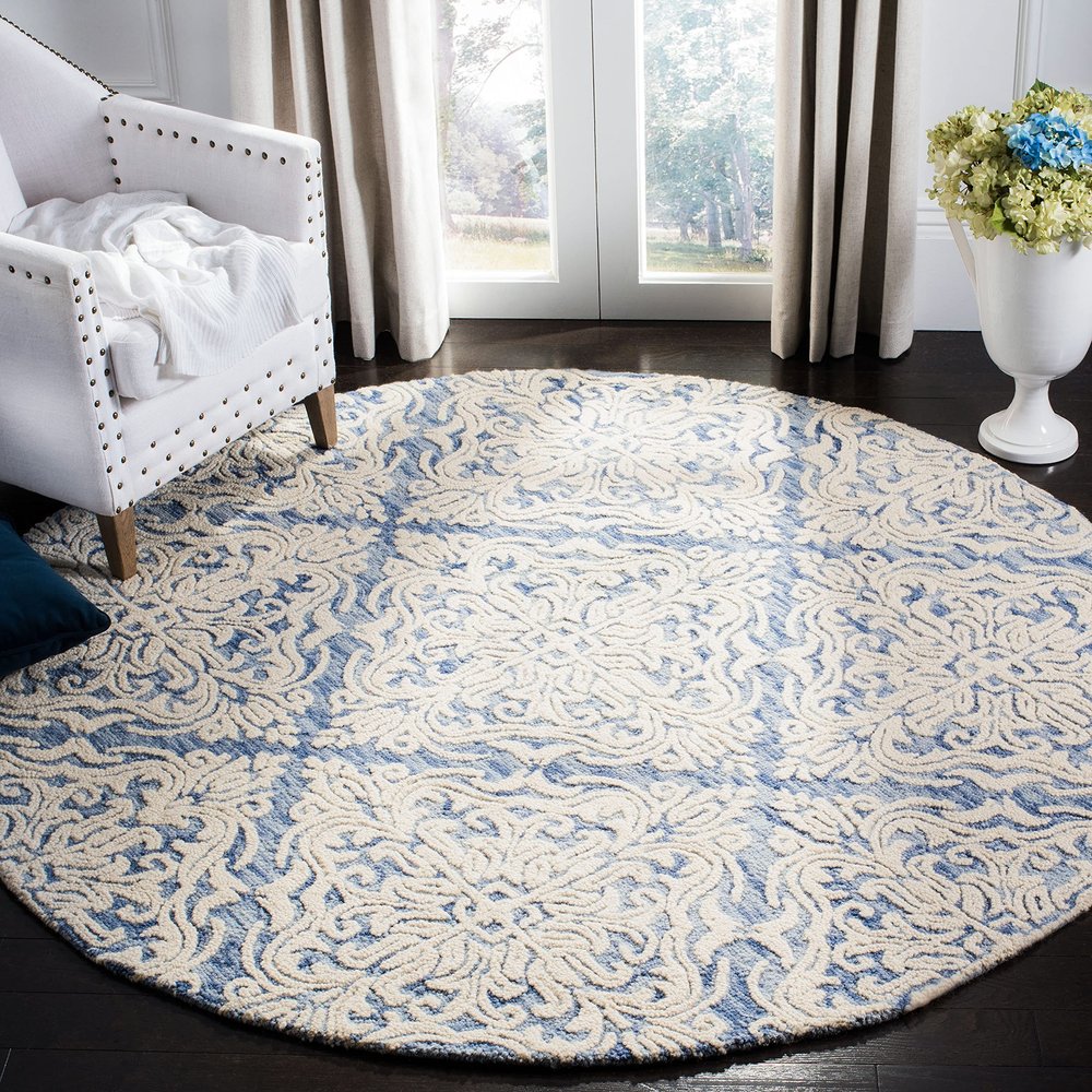 SAFAVIEH Blossom Collection 4' Round Blue/Ivory BLM103M Handmade Premium Wool Entryway Foyer Living Room Bedroom Kitchen Area Rug