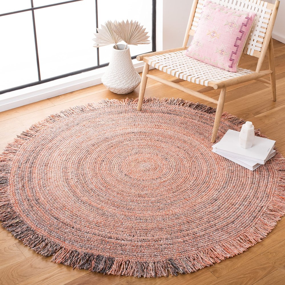 SAFAVIEH Braided Collection Area Rug - 4' Round, Orange & Grey, Handmade Country Boho Farmhouse Fringe, Ideal for High Traffic Areas in Living Room, Bedroom (BRD275P)