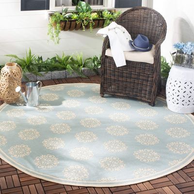 SAFAVIEH Washable Rug Outdoor Beach House Collection - 4' Round, Aqua & Cream, Non-Shedding & Easy to Clean, Ideal for Patio, Backyard, Mudroom (BHS181K)