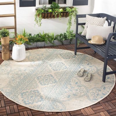 SAFAVIEH Washable Rug Outdoor Beach House Collection - 4' Round, Aqua & Cream, Non-Shedding & Easy to Clean, Ideal for Patio, Backyard, Mudroom (BHS174K)