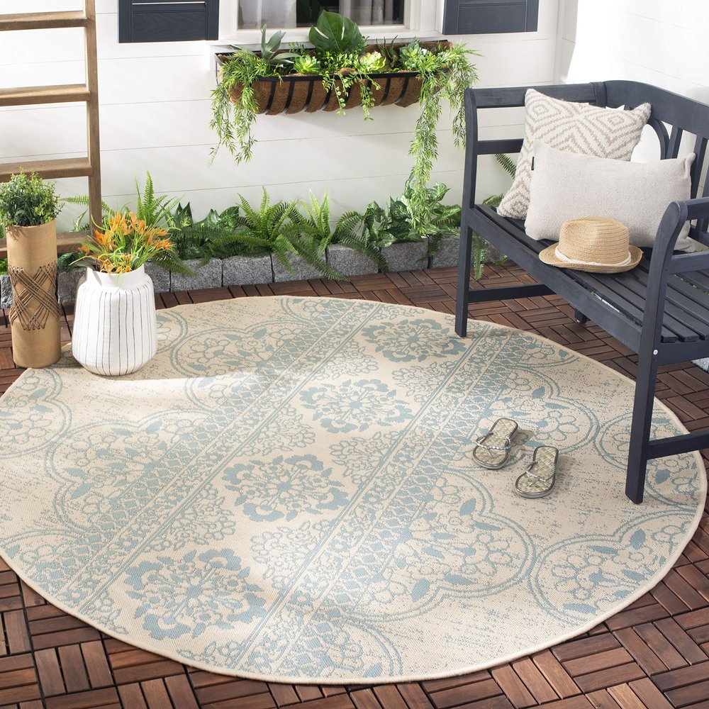 SAFAVIEH Washable Rug Outdoor Beach House Collection - 4' Round, Aqua & Cream, Non-Shedding & Easy to Clean, Ideal for Patio, Backyard, Mudroom (BHS174K)
