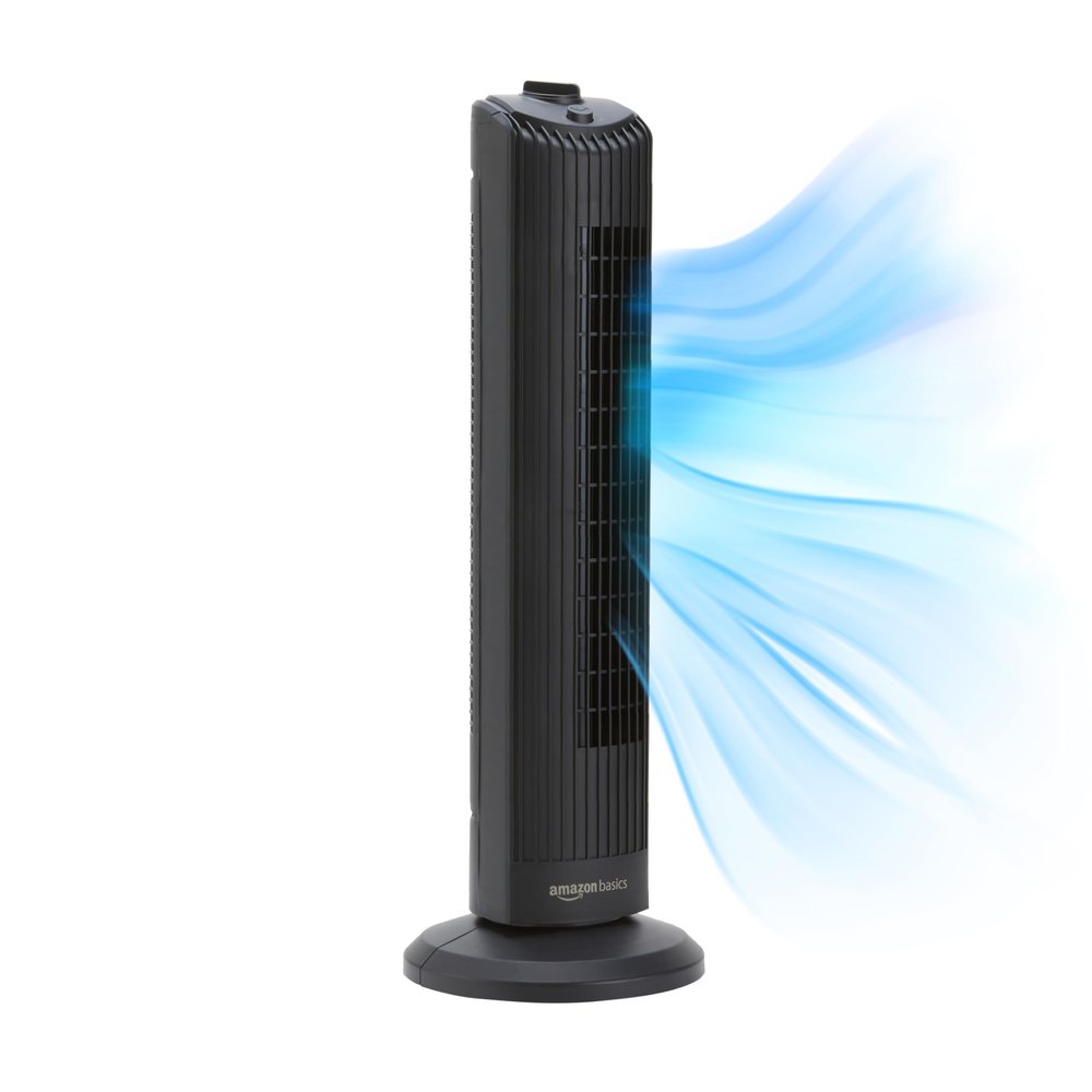 Amazon Basics 28" 60-Degree Oscillating Tower Fan with Powerful Airflow for Bedroom, Living Room, Office, 3 Speeds, Mechanical Control, Air Circulator, 35W, 27.8"H x 9.4"D x 9.4"W, Black