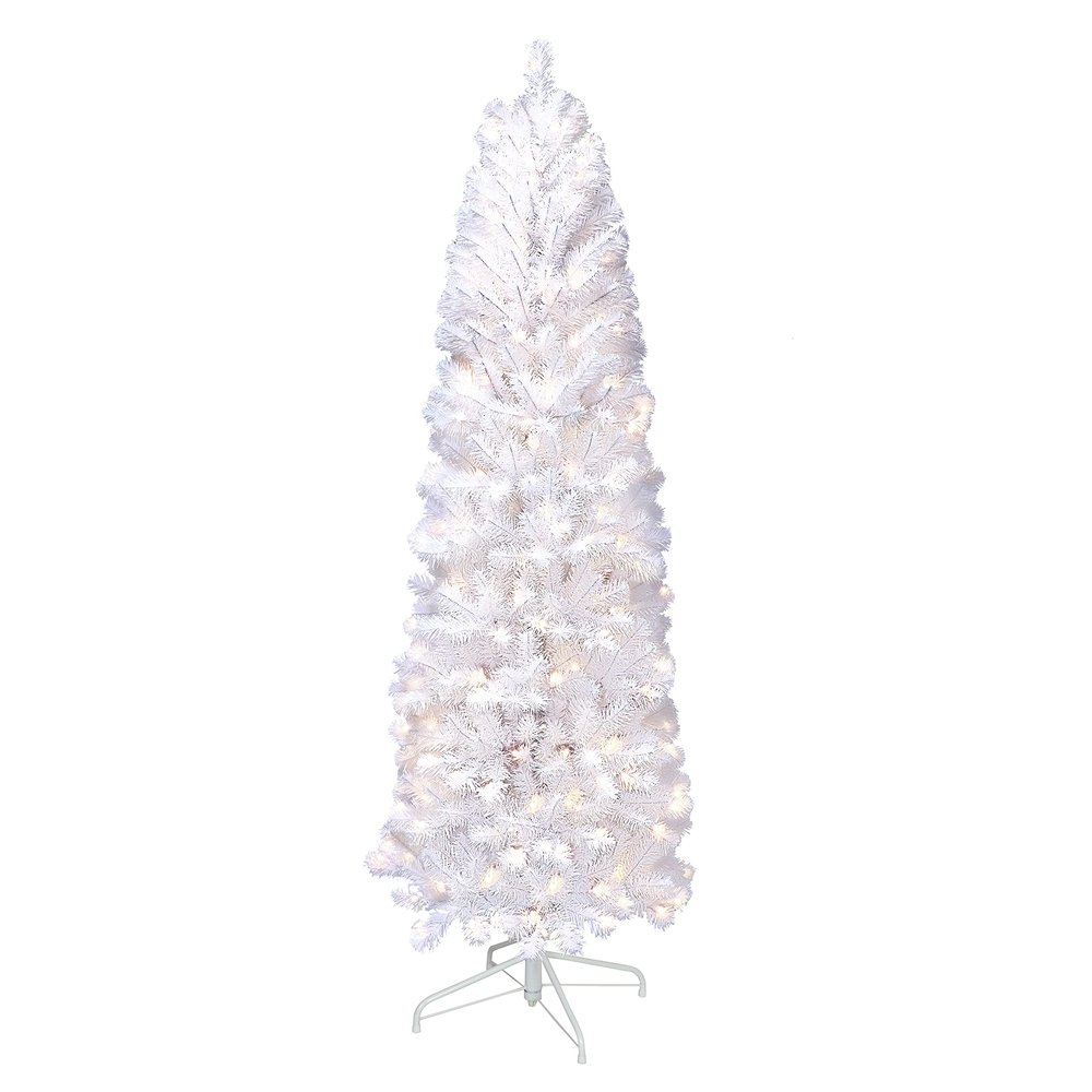 Puleo International Pre-Lit 6.5' Pencil Northern Fir Artificial Christmas Tree with 250 Lights, White