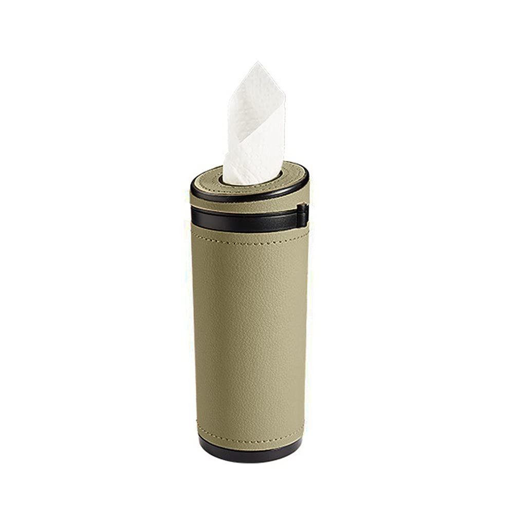 ihreesy Cylinder Tissue Box,PU Leather Napkin Holder Pumping Paper Case Dispenser Tissue Tube Holder Portable Cylinder Box Roll Facial Tissue Box for Car Cup Holder Office,Beige