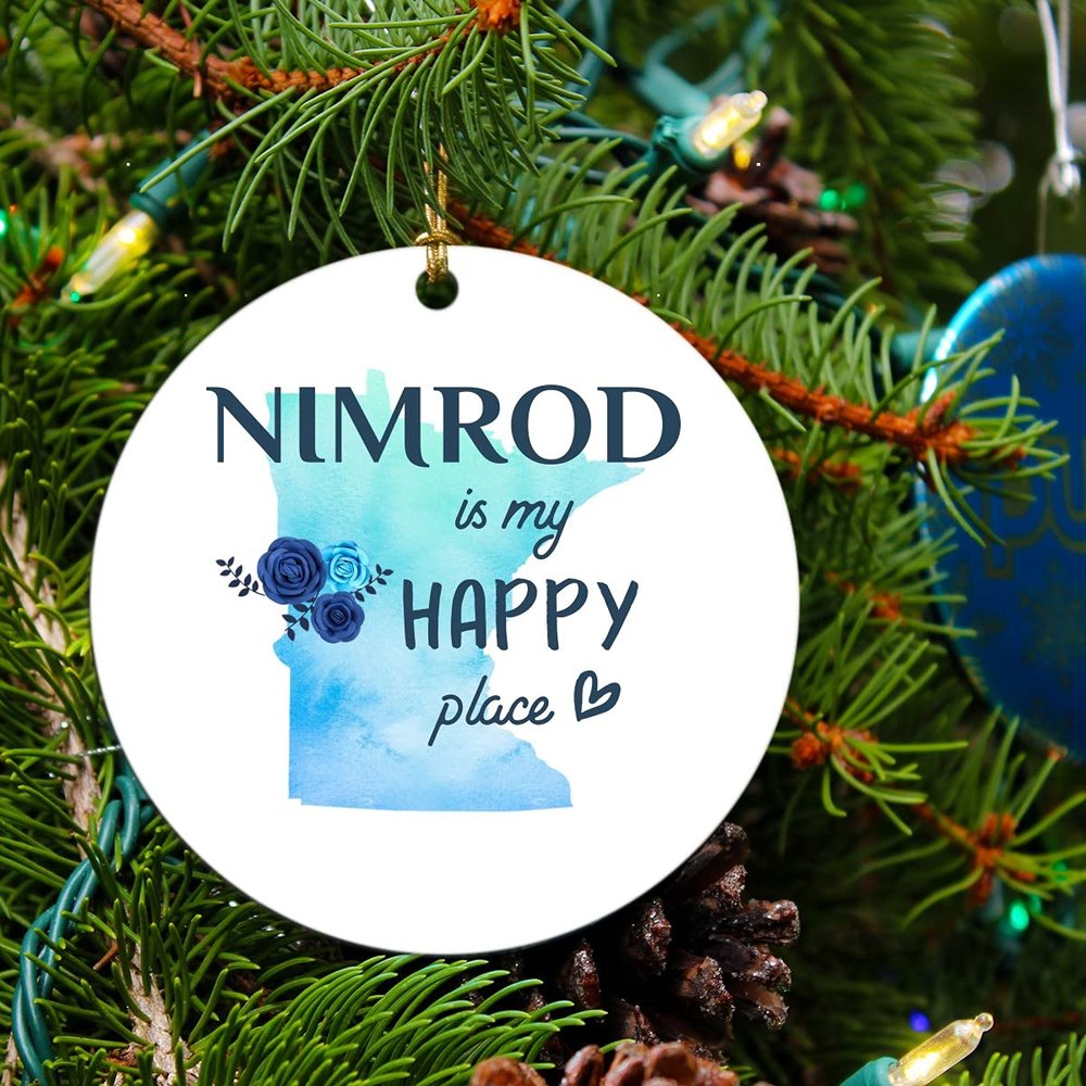 Christmas Ornament Tree 2025 with City Name Ornament Nimrod Minnesota is My Happy Place - Nimrod MN Xmas Decoration Gift Family 3" MDF Plastic White