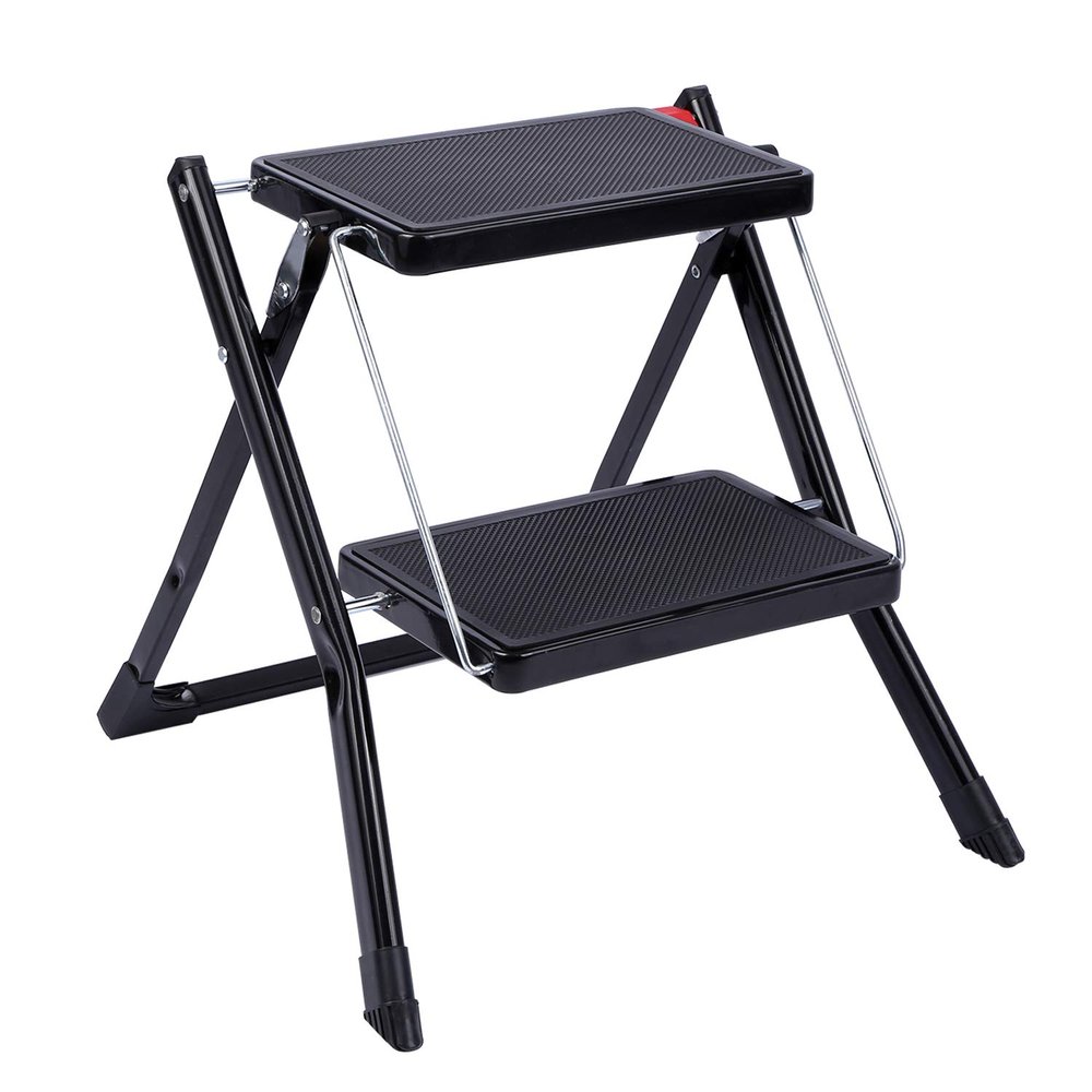 CAMPMOON Small Step Ladder for Kitchen, Sturdy Folding 2 Step Stool for Adults with Wide Anti-Slip Pedal, Black (New)