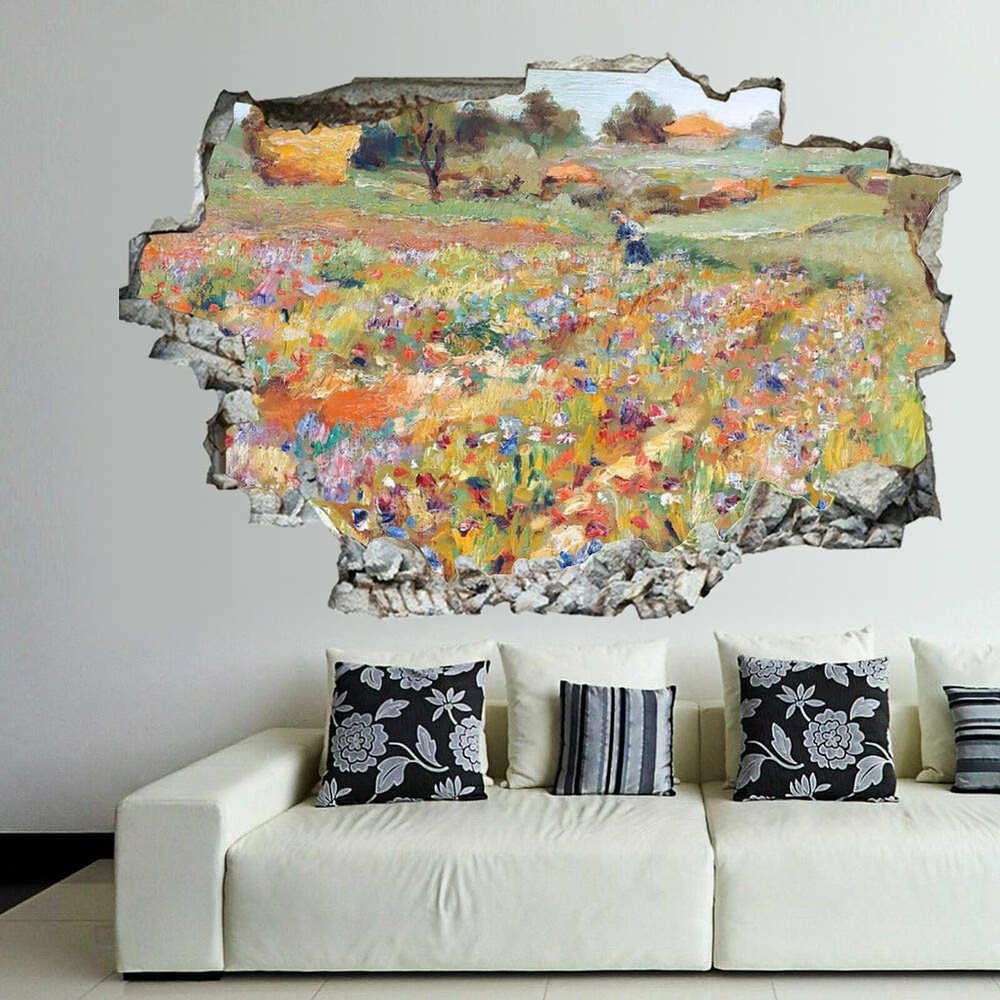 Pictorial art Poppies 3D Wall Stickers Mural Smashed Wall Art Removable Poster Vinyl decals For Bedroom Living Room Playroom Nursery Office Shop,32 inch