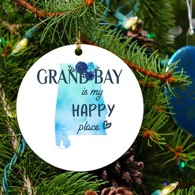 Christmas Ornament Tree 2025 with City Name Ornament Grand Bay Alabama is My Happy Place - Grand Bay AL Xmas Decoration Gift Family 3" MDF Plastic White