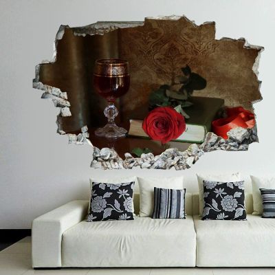 Still life Roses Wine Red Book Stemware Ribbon 3D Wall Stickers Mural Smashed Wall Art Removable Poster Vinyl decals For Bedroom Living Room Playroom Nursery Office Shop,32 inch