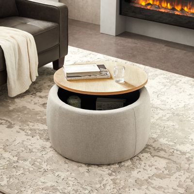 SSLine 25.5" Round Storage Ottoman with Removable Wood Top, Fully Assembled Linen Upholstered Footrest Small Coffee End Table for Home Office Living Room Bedroom (Light Grey)