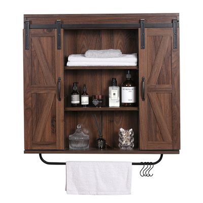 RUSTOWN Rustic Wood Wall Storage Cabinet with Two Sliding Barn Door, 3-Tier Decorative Farmhouse Vintage Cabinet for Kitchen Dining, Bathroom, Living Room, Dark Walnut