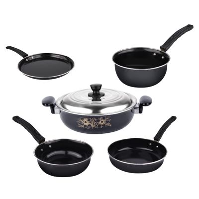 5 Piece Kitchen Accessories Set | Non Stick Induction Friendly Cookware | Kadai with Lid , Fry Pan , Tawa , Sauce & Tadka Pan | Ceramic Hard Anodized | Cast Iron Utensils