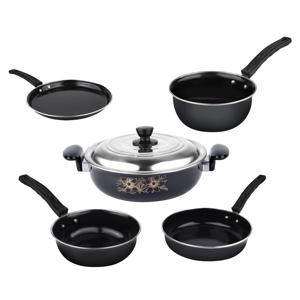 5 Piece Kitchen Accessories Set | Non Stick Induction Friendly Cookware | Kadai with Lid , Fry Pan , Tawa , Sauce & Tadka Pan | Ceramic Hard Anodized | Cast Iron Utensils