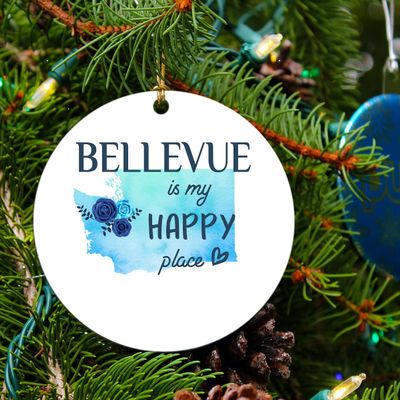 Christmas 2025 Gift Keepsake Ornament Bellevue Washington is My Happy Place - Xmas Decoration Tree for Holiday Memories Rustic Gift Family MDF Plastic 3" White