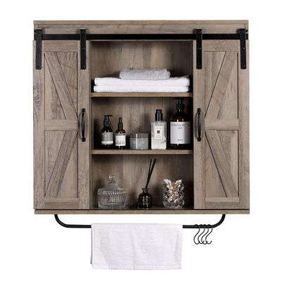 RUSTOWN Rustic Wood Wall Storage Cabinet with Two Sliding Barn Door, 3-Tier Decorative Farmhouse Vintage Cabinet for Kitchen Dining, Bathroom, Living Room, Washed Oak