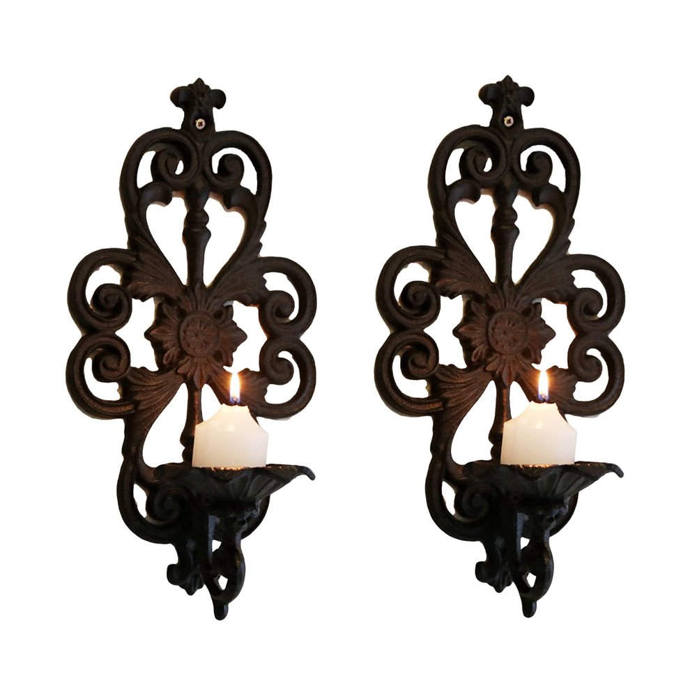 BOOMLATU Heavy Cast Iron Set of 2 Wall Mounted Candle Sconces Holders,Hanging Candle Holder for Wall, Home Wall Art for Living Room Fireplace Yard Pathway