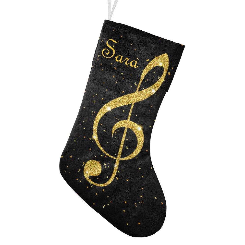 CUXWEOT Personalized Treble Clef Golden Music Note Black Christmas Stocking Customize Name Xmas Socks for Family Holiday Decorations Gift 17.52 x 7.87 Inch