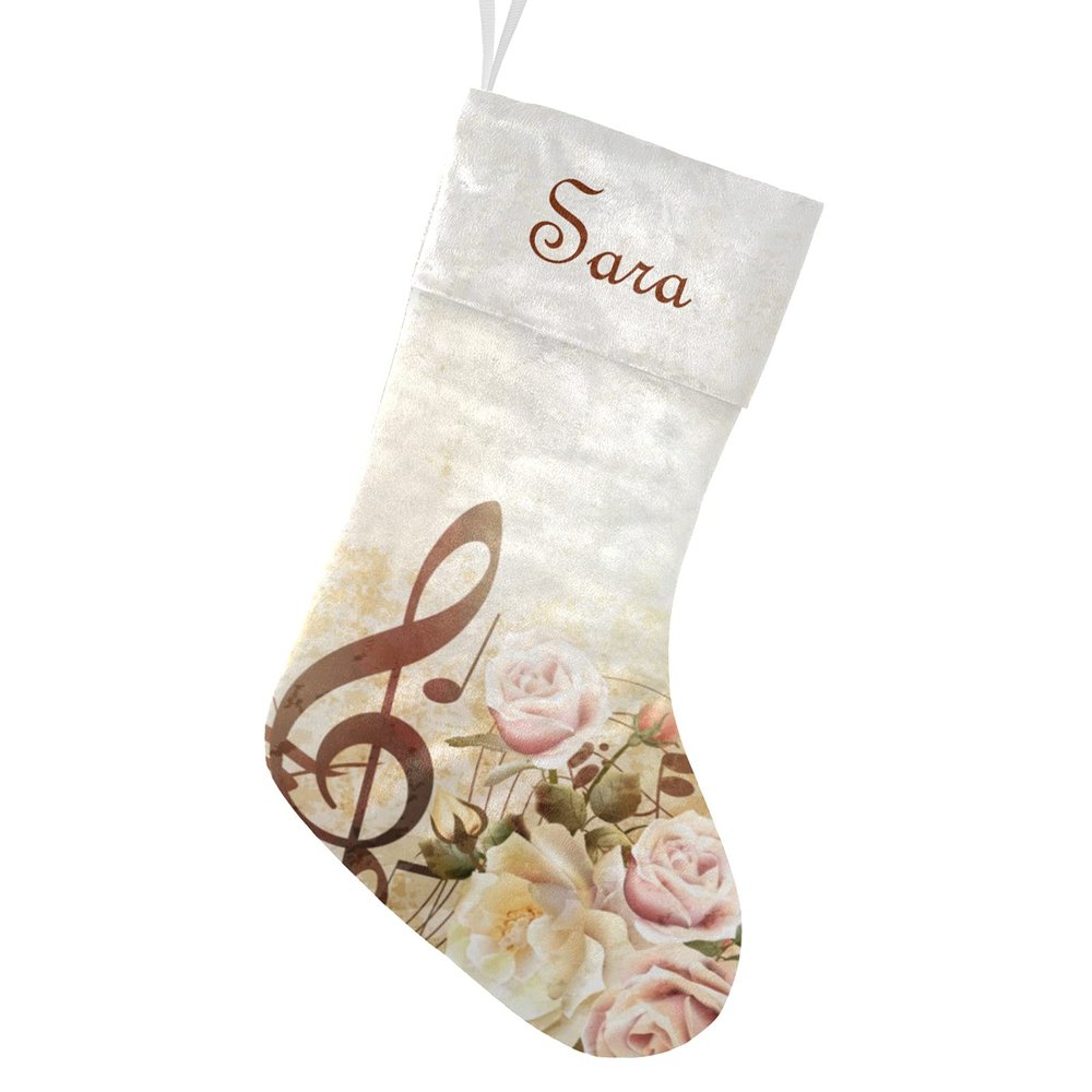 CUXWEOT Personalized Music Note Floral Christmas Stockings Customize Name Candy Bag for Family Holiday Party Decorations Gift 17.52 x 7.87 Inch