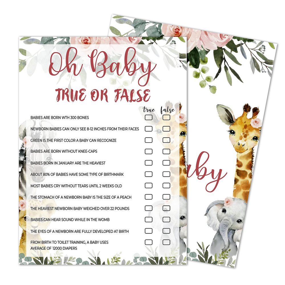 Yuansail True Or False Baby Shower Game, Gender Reveal Party Supplies, Jungle Animals Safari Floral Green Party Decorations, 30 Game Cards 1 Answer Card. (bb002-yx03)